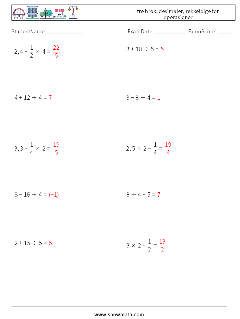 (10) tre brøk, desimaler, rekkefølge for operasjoner MathWorksheets 16 QuestionAnswer