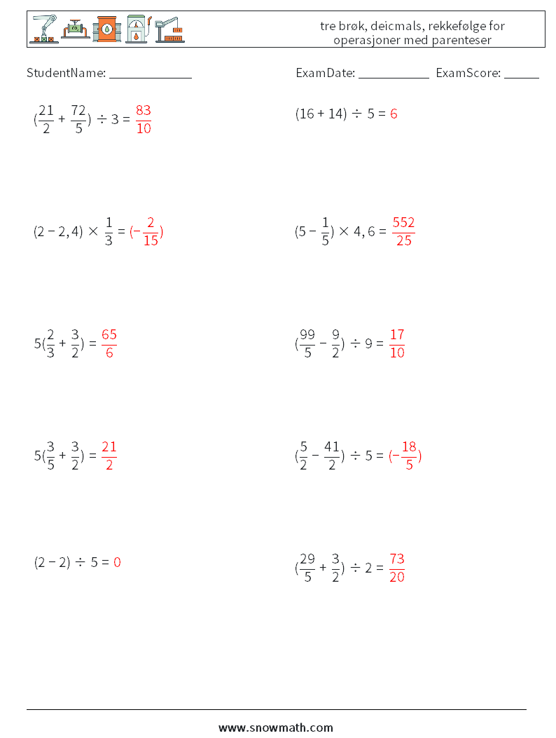 (10) tre brøk, deicmals, rekkefølge for operasjoner med parenteser MathWorksheets 12 QuestionAnswer