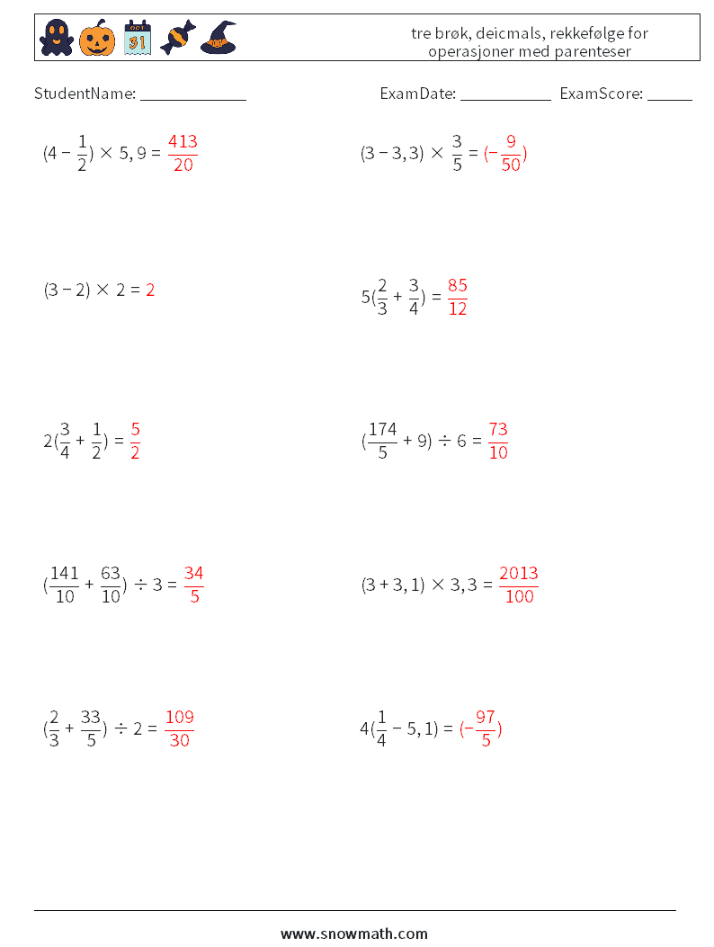 (10) tre brøk, deicmals, rekkefølge for operasjoner med parenteser MathWorksheets 13 QuestionAnswer