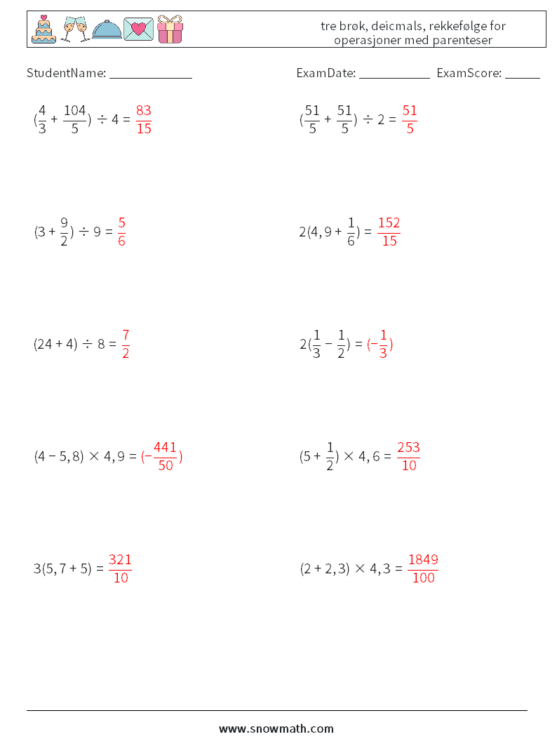 (10) tre brøk, deicmals, rekkefølge for operasjoner med parenteser MathWorksheets 14 QuestionAnswer