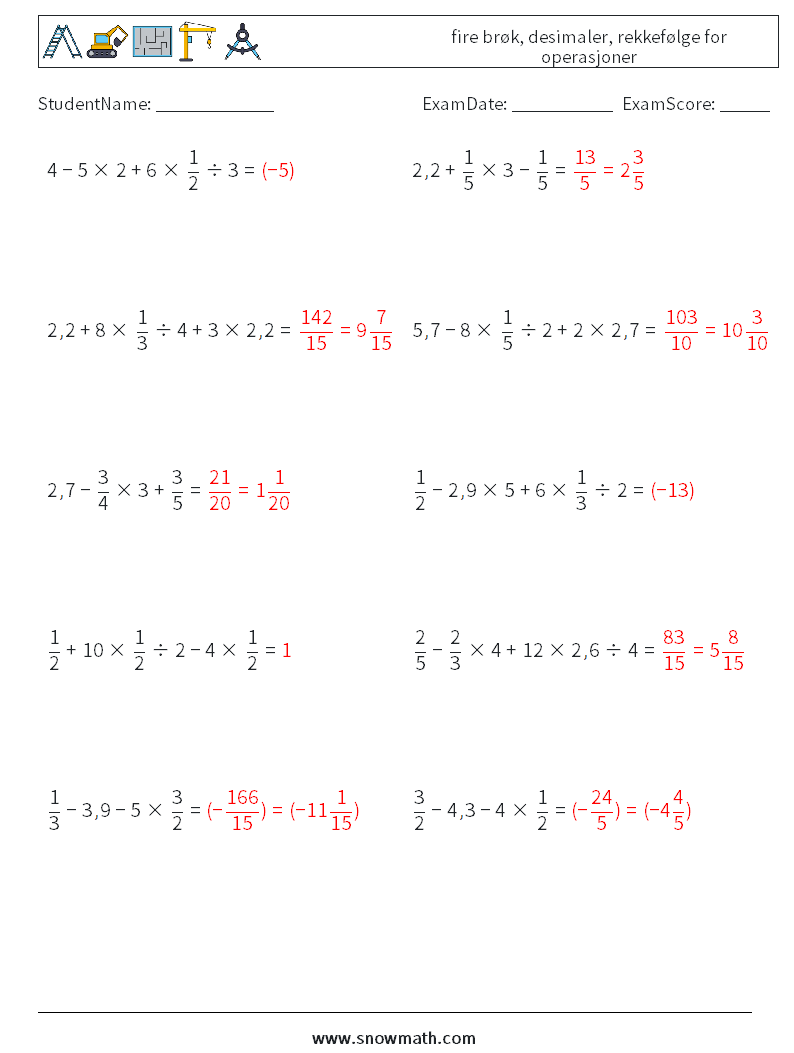 (10) fire brøk, desimaler, rekkefølge for operasjoner MathWorksheets 10 QuestionAnswer