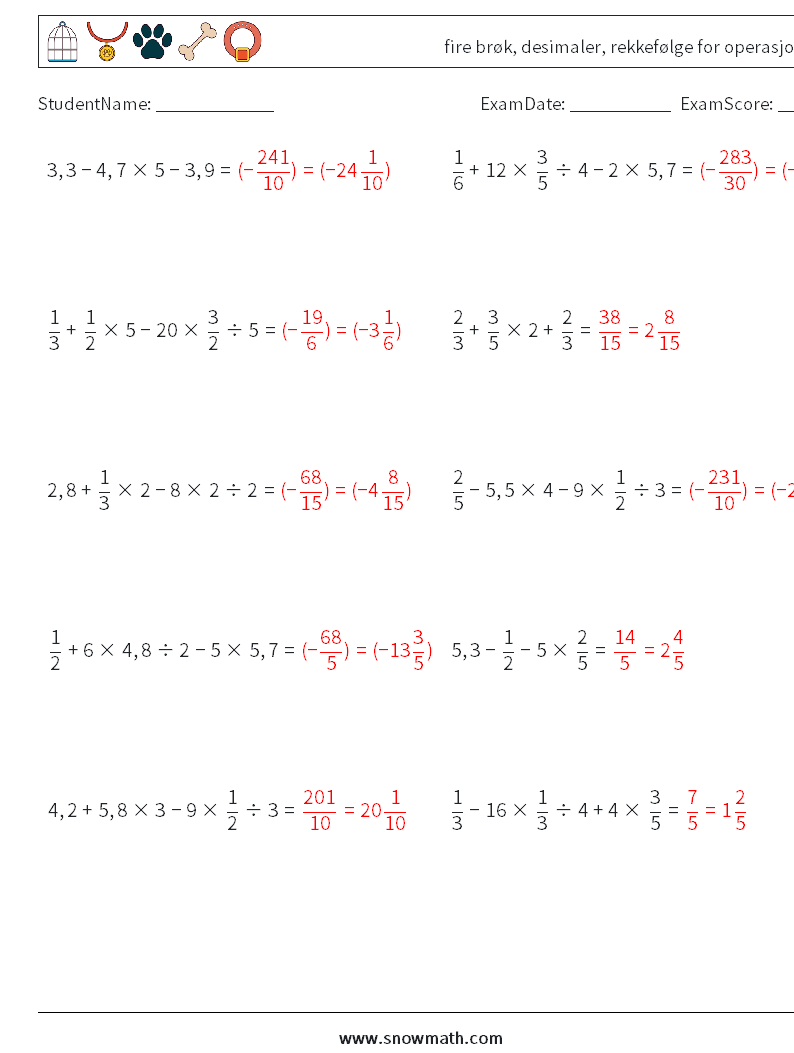 (10) fire brøk, desimaler, rekkefølge for operasjoner MathWorksheets 11 QuestionAnswer