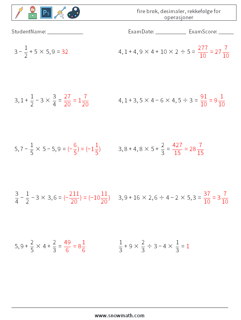 (10) fire brøk, desimaler, rekkefølge for operasjoner MathWorksheets 16 QuestionAnswer