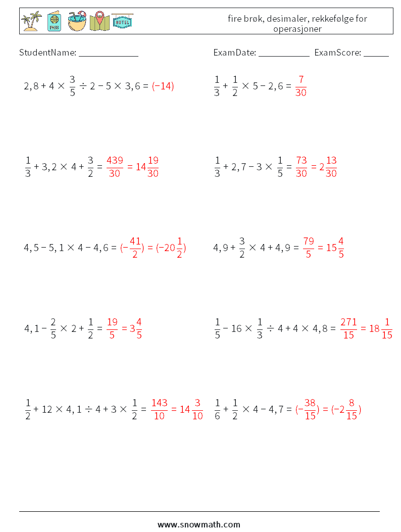 (10) fire brøk, desimaler, rekkefølge for operasjoner MathWorksheets 17 QuestionAnswer