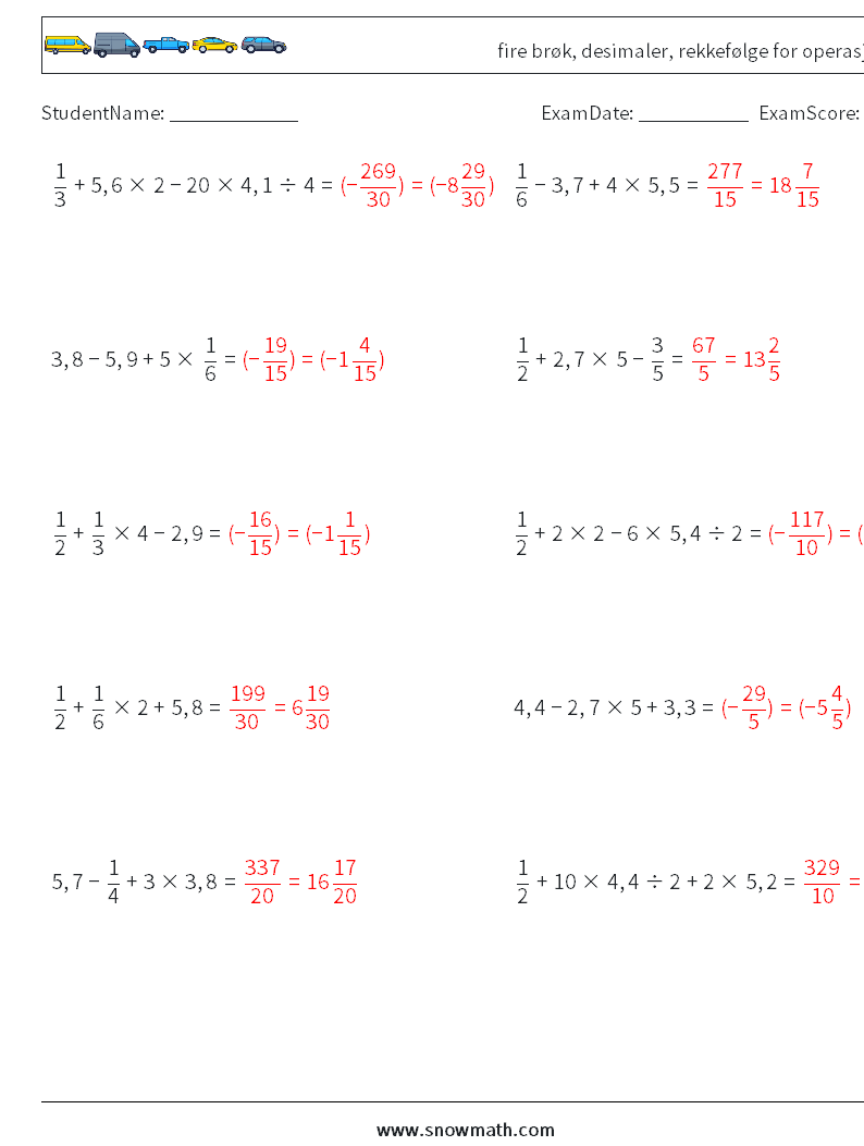 (10) fire brøk, desimaler, rekkefølge for operasjoner MathWorksheets 18 QuestionAnswer