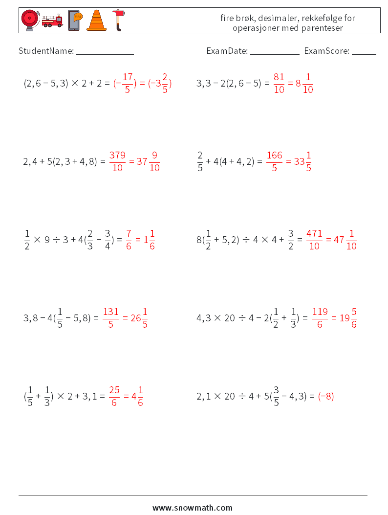 (10) fire brøk, desimaler, rekkefølge for operasjoner med parenteser MathWorksheets 11 QuestionAnswer