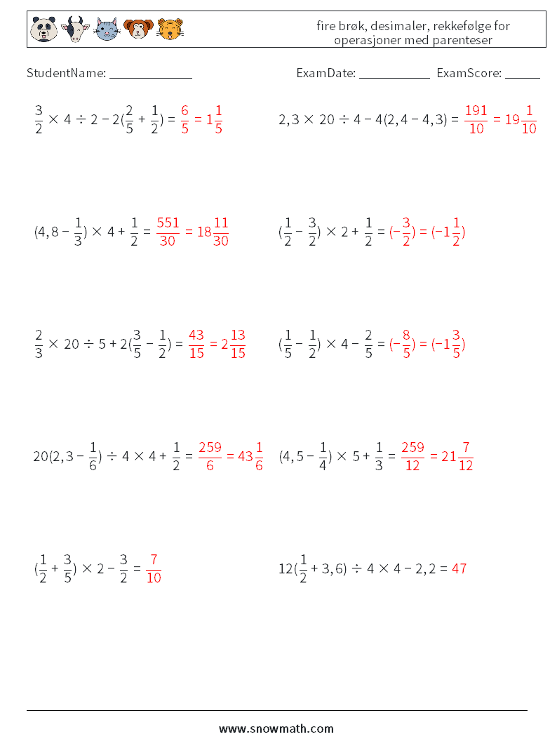 (10) fire brøk, desimaler, rekkefølge for operasjoner med parenteser MathWorksheets 16 QuestionAnswer