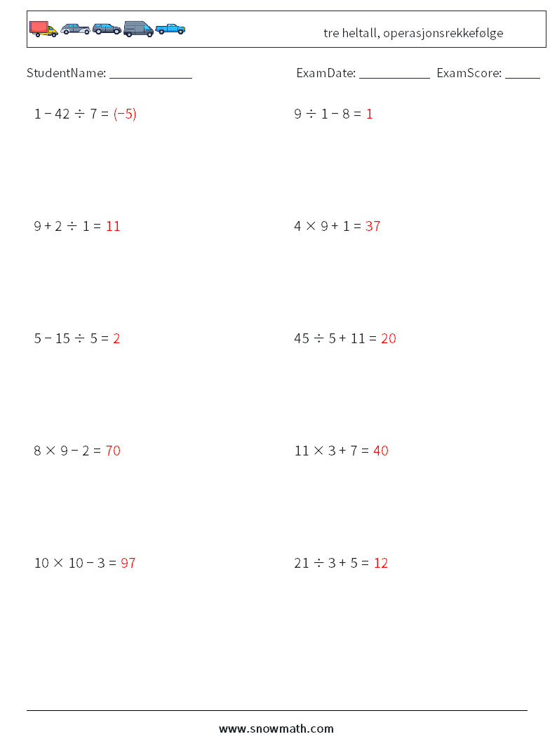 (10) tre heltall, operasjonsrekkefølge MathWorksheets 12 QuestionAnswer