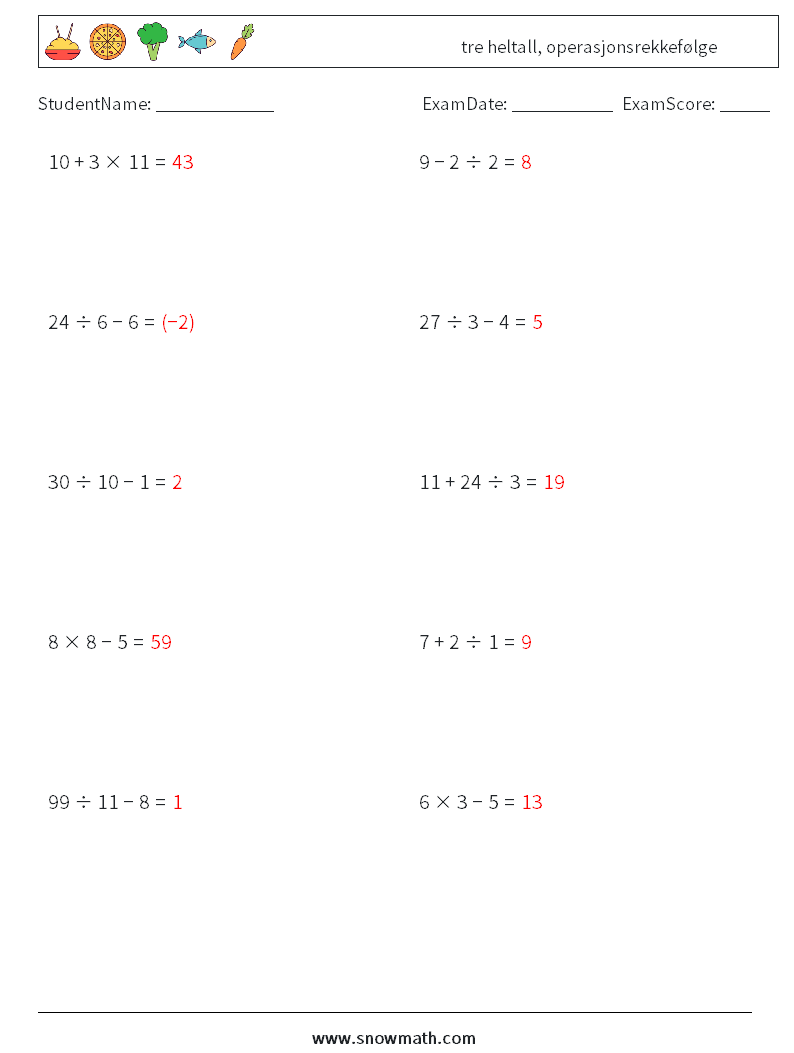 (10) tre heltall, operasjonsrekkefølge MathWorksheets 13 QuestionAnswer