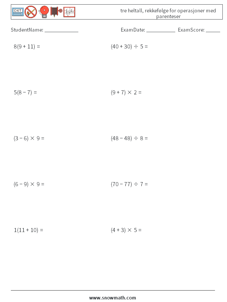 (10) tre heltall, rekkefølge for operasjoner med parenteser MathWorksheets 10