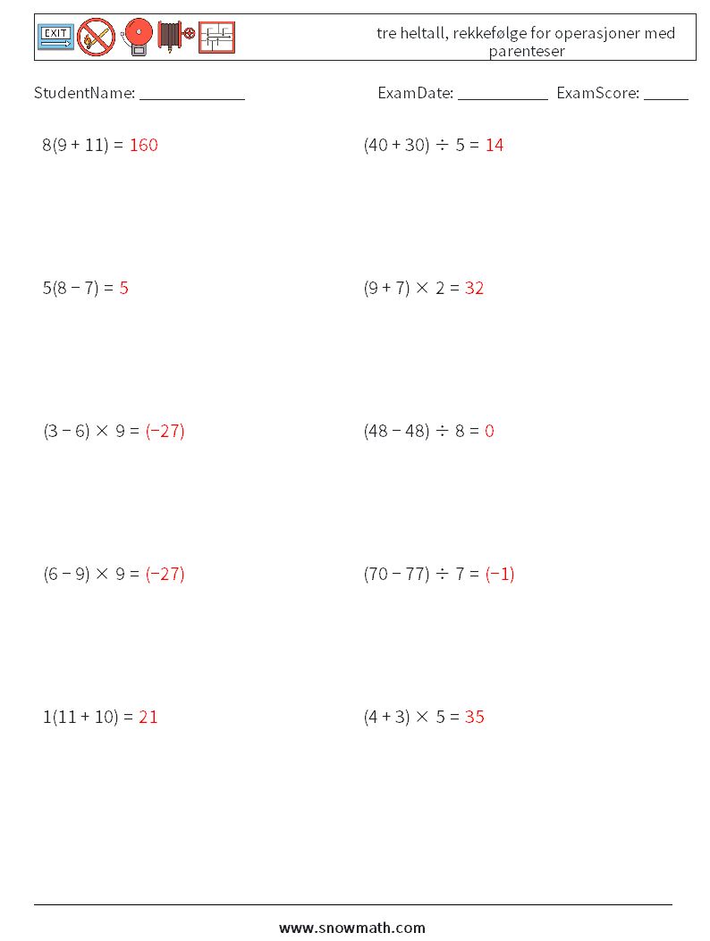 (10) tre heltall, rekkefølge for operasjoner med parenteser MathWorksheets 10 QuestionAnswer