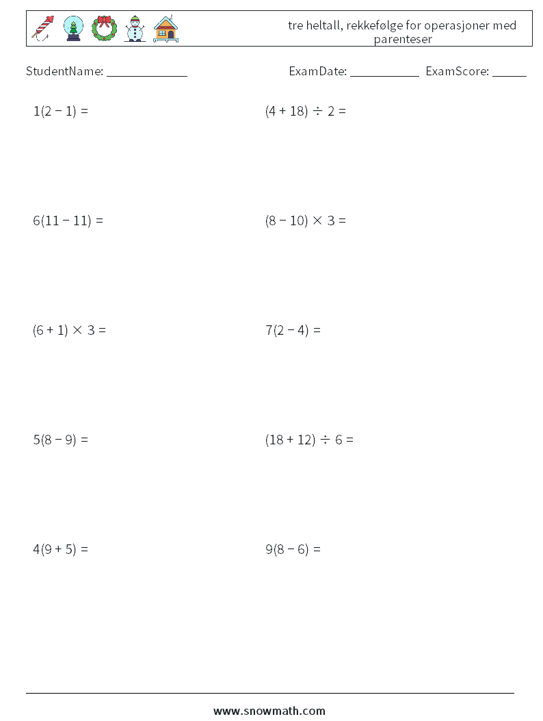 (10) tre heltall, rekkefølge for operasjoner med parenteser MathWorksheets 11