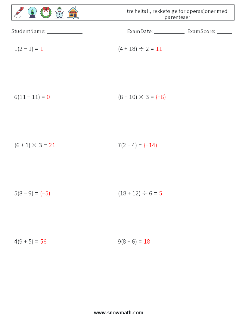 (10) tre heltall, rekkefølge for operasjoner med parenteser MathWorksheets 11 QuestionAnswer
