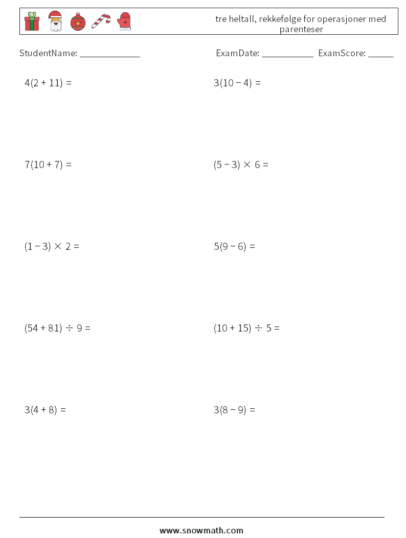 (10) tre heltall, rekkefølge for operasjoner med parenteser MathWorksheets 12