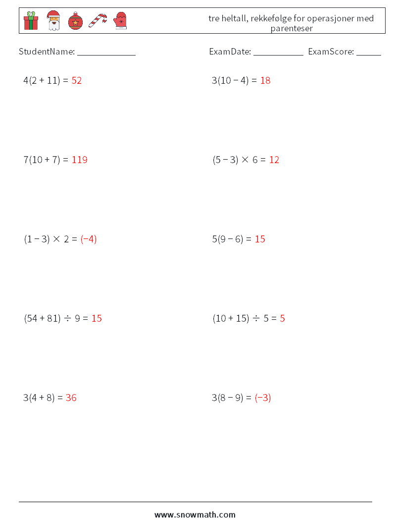 (10) tre heltall, rekkefølge for operasjoner med parenteser MathWorksheets 12 QuestionAnswer