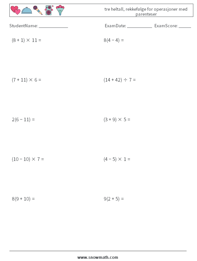 (10) tre heltall, rekkefølge for operasjoner med parenteser MathWorksheets 13