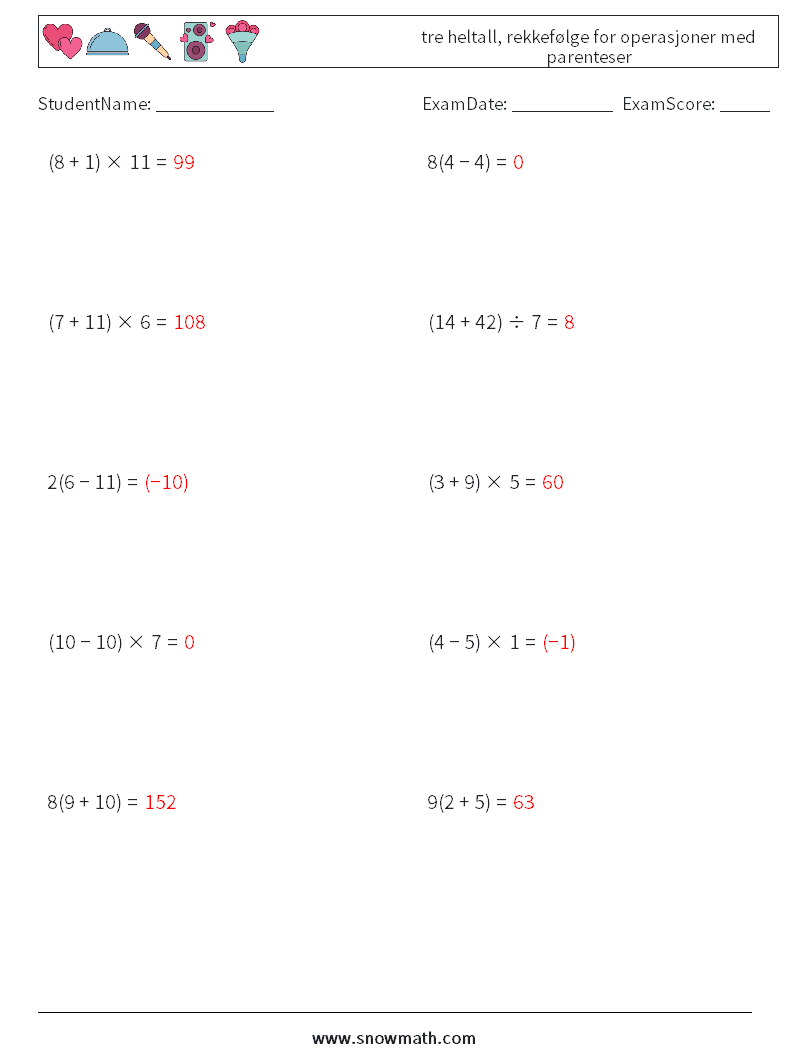 (10) tre heltall, rekkefølge for operasjoner med parenteser MathWorksheets 13 QuestionAnswer