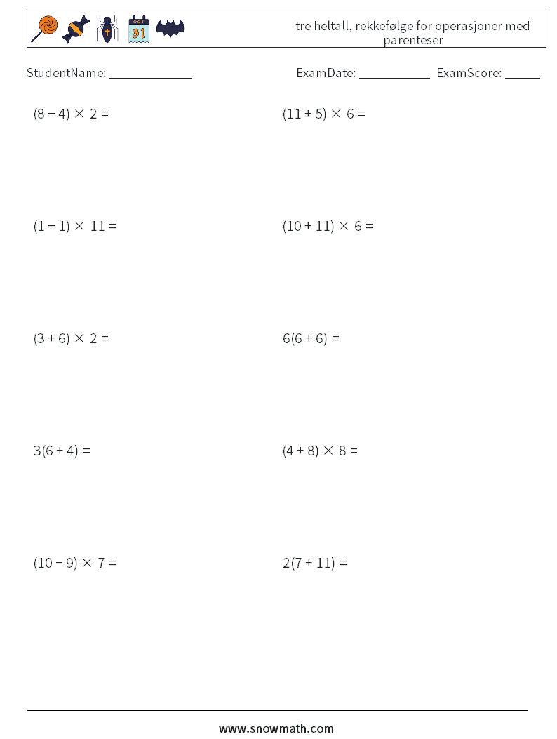 (10) tre heltall, rekkefølge for operasjoner med parenteser MathWorksheets 15