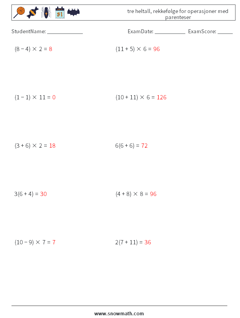(10) tre heltall, rekkefølge for operasjoner med parenteser MathWorksheets 15 QuestionAnswer