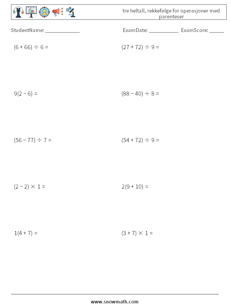 (10) tre heltall, rekkefølge for operasjoner med parenteser MathWorksheets 16