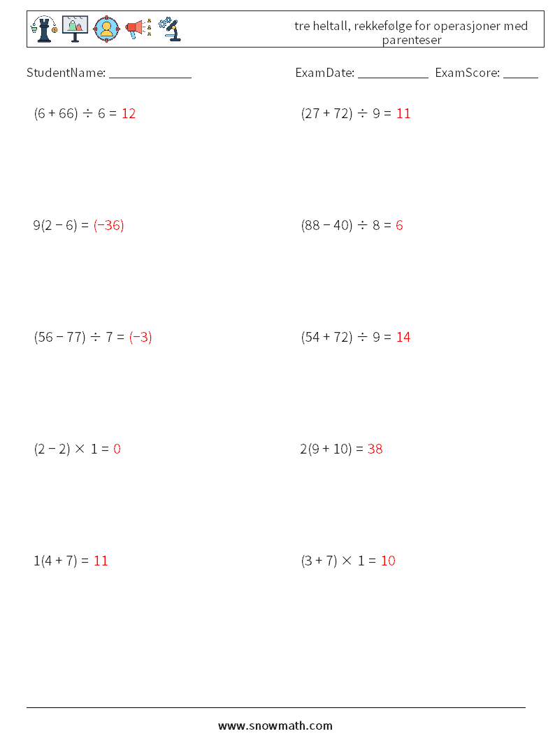 (10) tre heltall, rekkefølge for operasjoner med parenteser MathWorksheets 16 QuestionAnswer