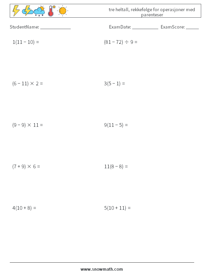 (10) tre heltall, rekkefølge for operasjoner med parenteser MathWorksheets 17