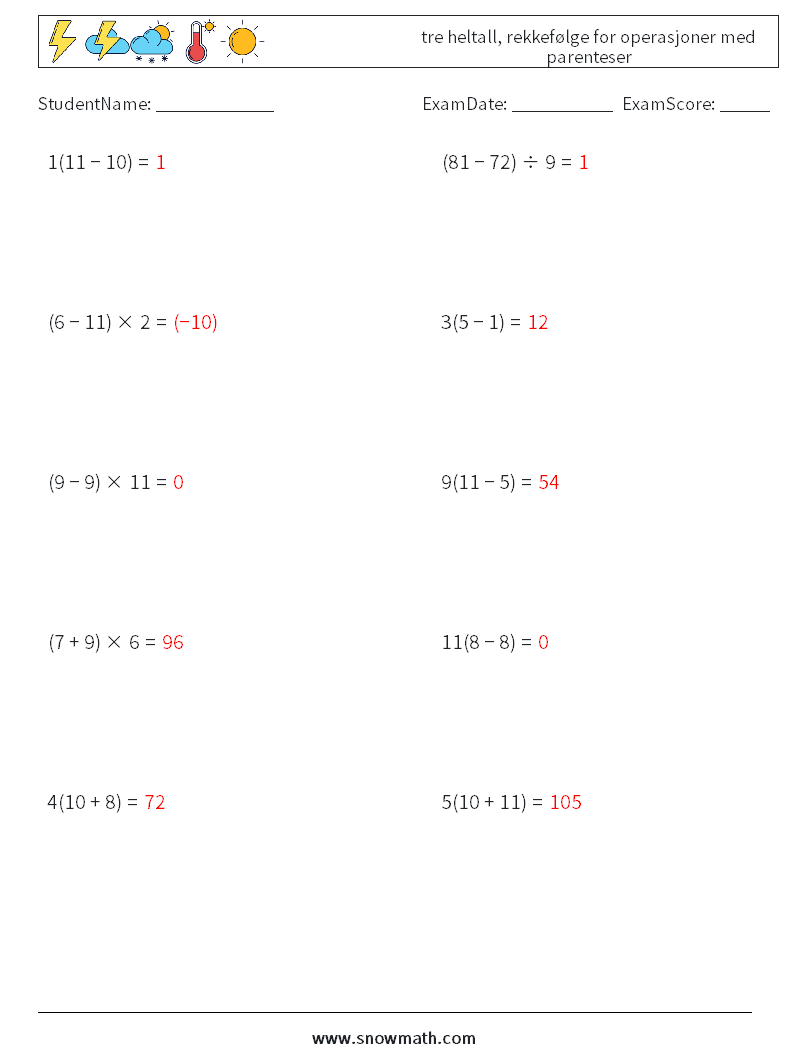 (10) tre heltall, rekkefølge for operasjoner med parenteser MathWorksheets 17 QuestionAnswer