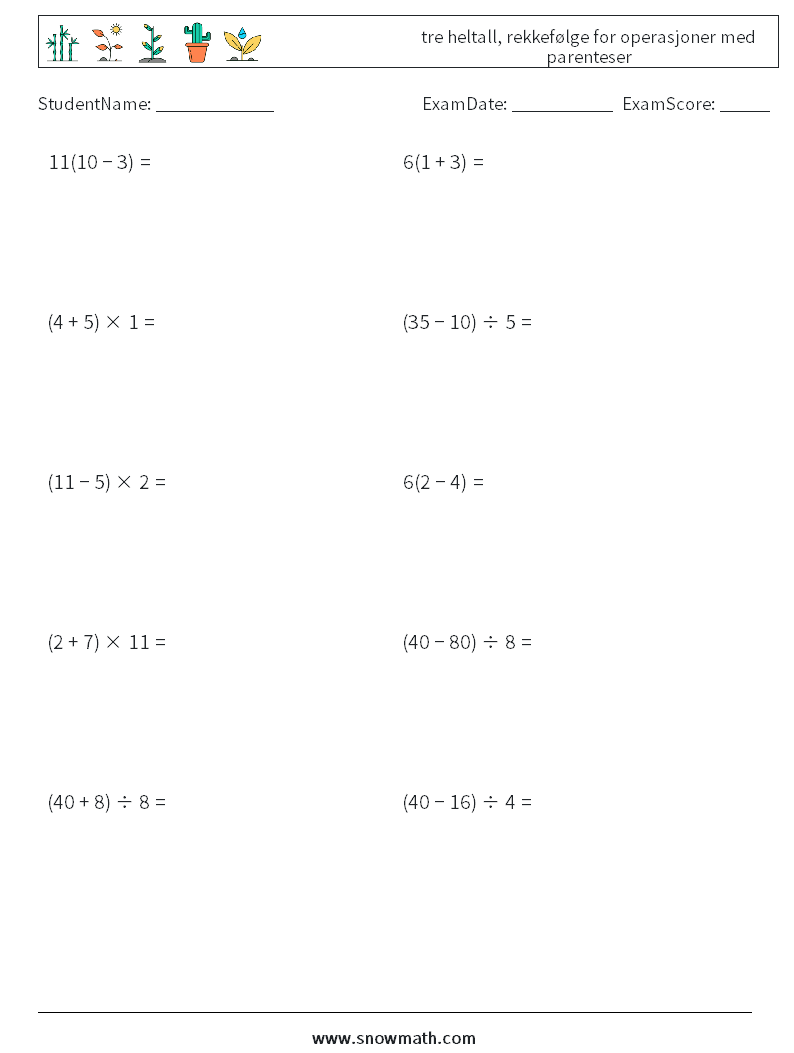 (10) tre heltall, rekkefølge for operasjoner med parenteser MathWorksheets 18