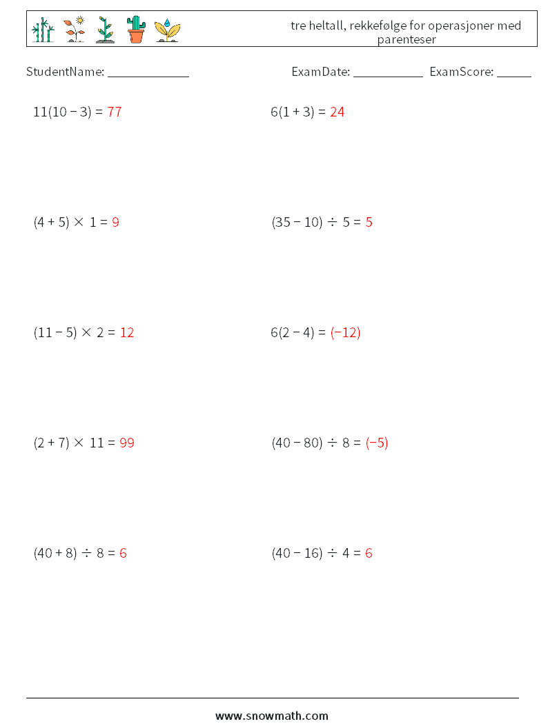 (10) tre heltall, rekkefølge for operasjoner med parenteser MathWorksheets 18 QuestionAnswer