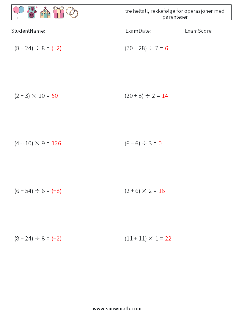 (10) tre heltall, rekkefølge for operasjoner med parenteser MathWorksheets 1 QuestionAnswer