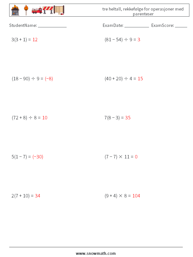 (10) tre heltall, rekkefølge for operasjoner med parenteser MathWorksheets 2 QuestionAnswer