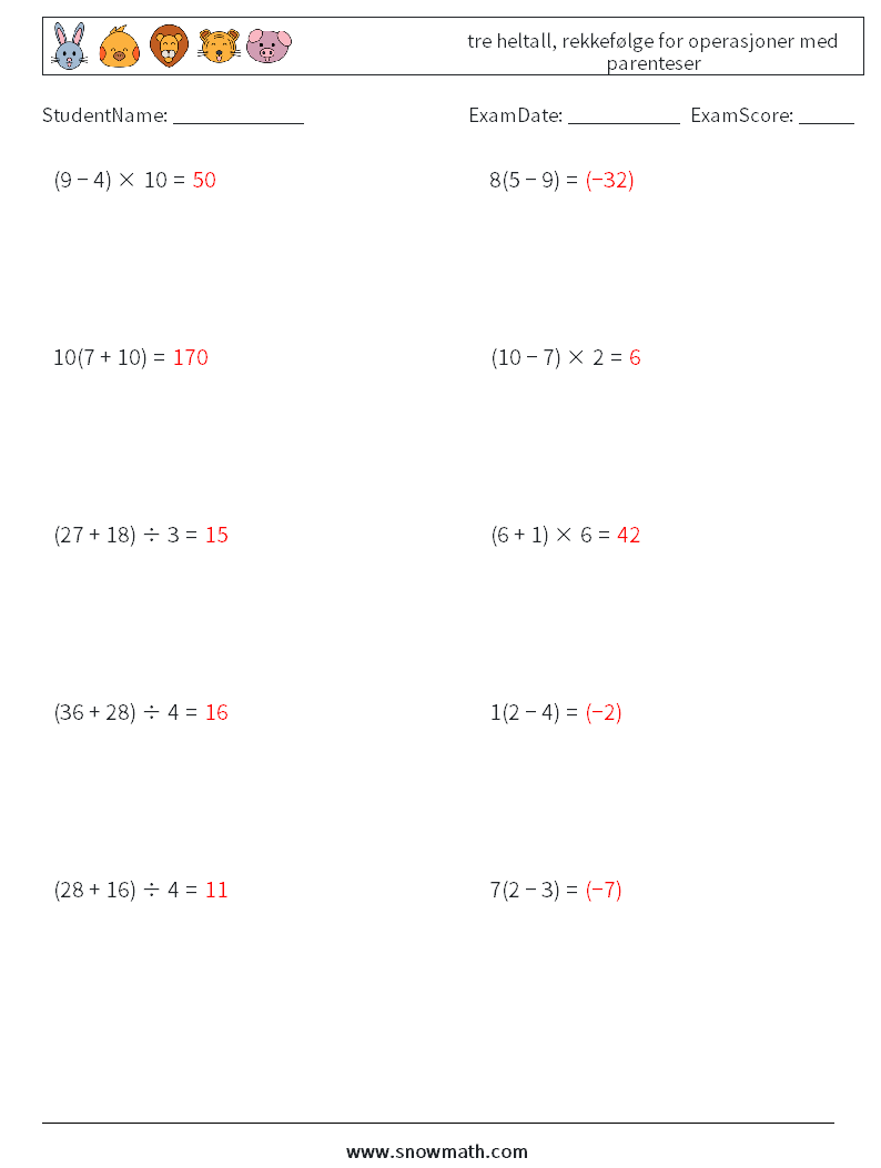 (10) tre heltall, rekkefølge for operasjoner med parenteser MathWorksheets 3 QuestionAnswer