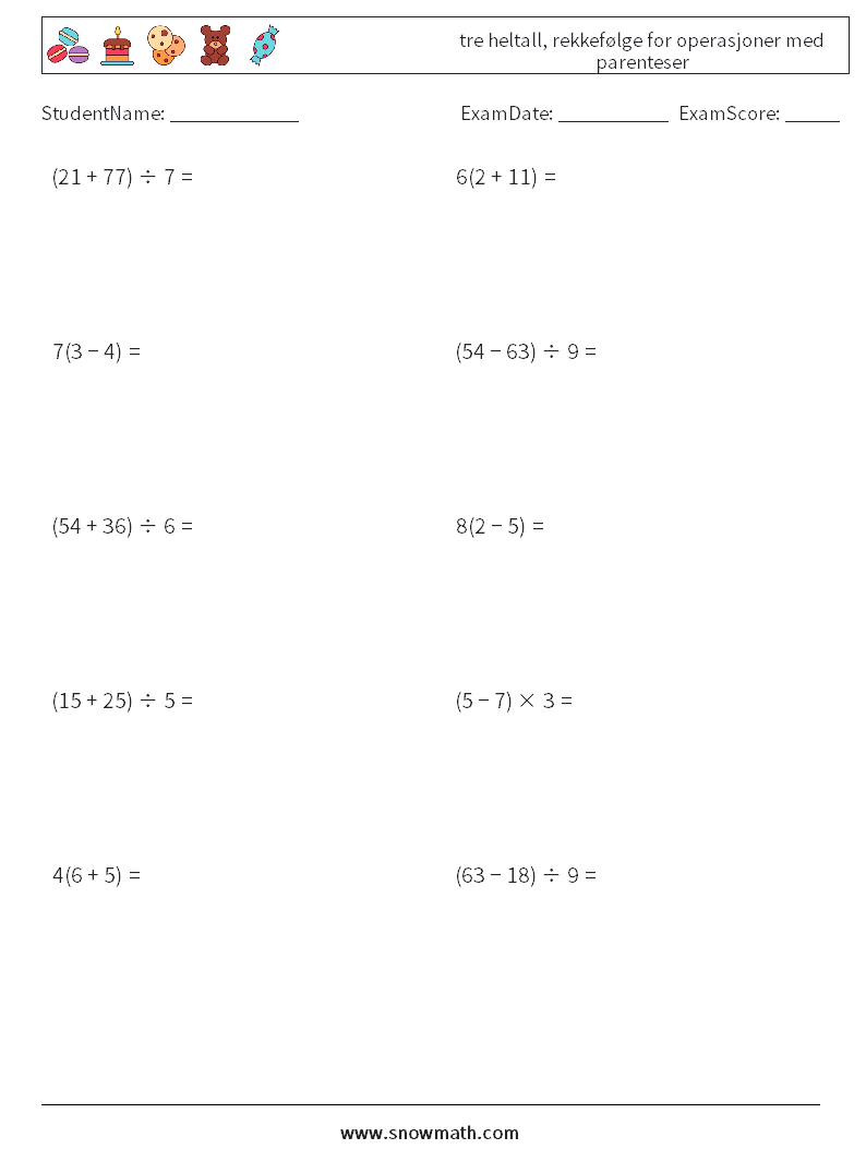 (10) tre heltall, rekkefølge for operasjoner med parenteser MathWorksheets 4