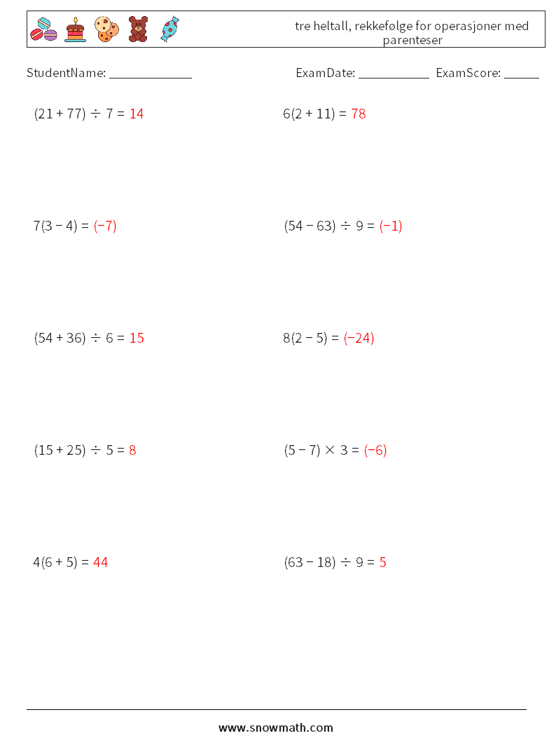 (10) tre heltall, rekkefølge for operasjoner med parenteser MathWorksheets 4 QuestionAnswer