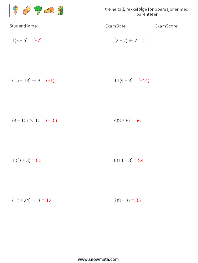 (10) tre heltall, rekkefølge for operasjoner med parenteser MathWorksheets 6 QuestionAnswer