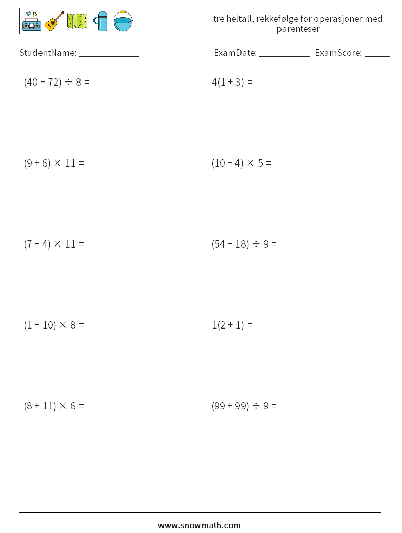 (10) tre heltall, rekkefølge for operasjoner med parenteser MathWorksheets 7