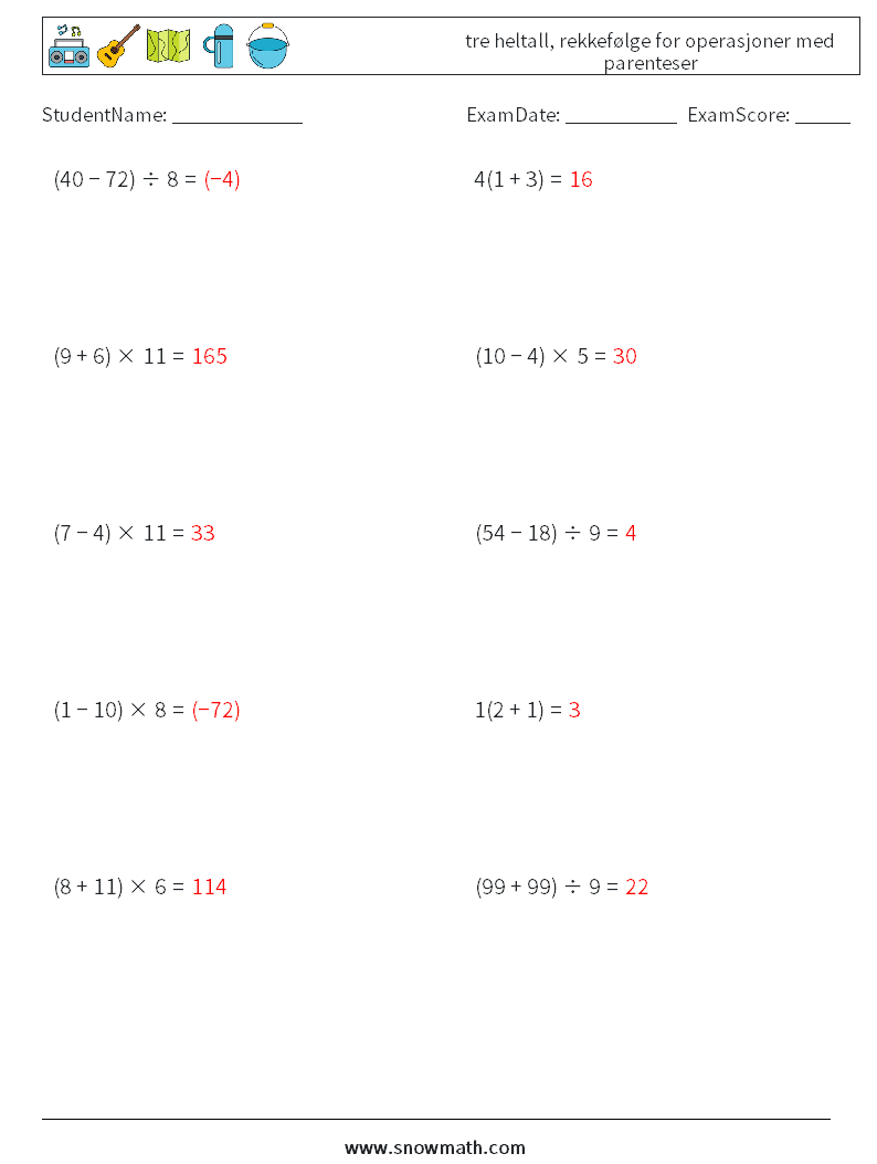 (10) tre heltall, rekkefølge for operasjoner med parenteser MathWorksheets 7 QuestionAnswer