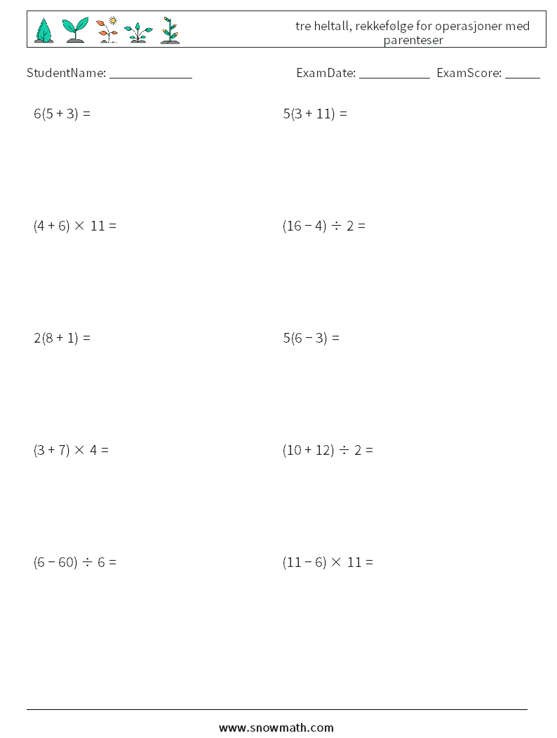 (10) tre heltall, rekkefølge for operasjoner med parenteser MathWorksheets 8