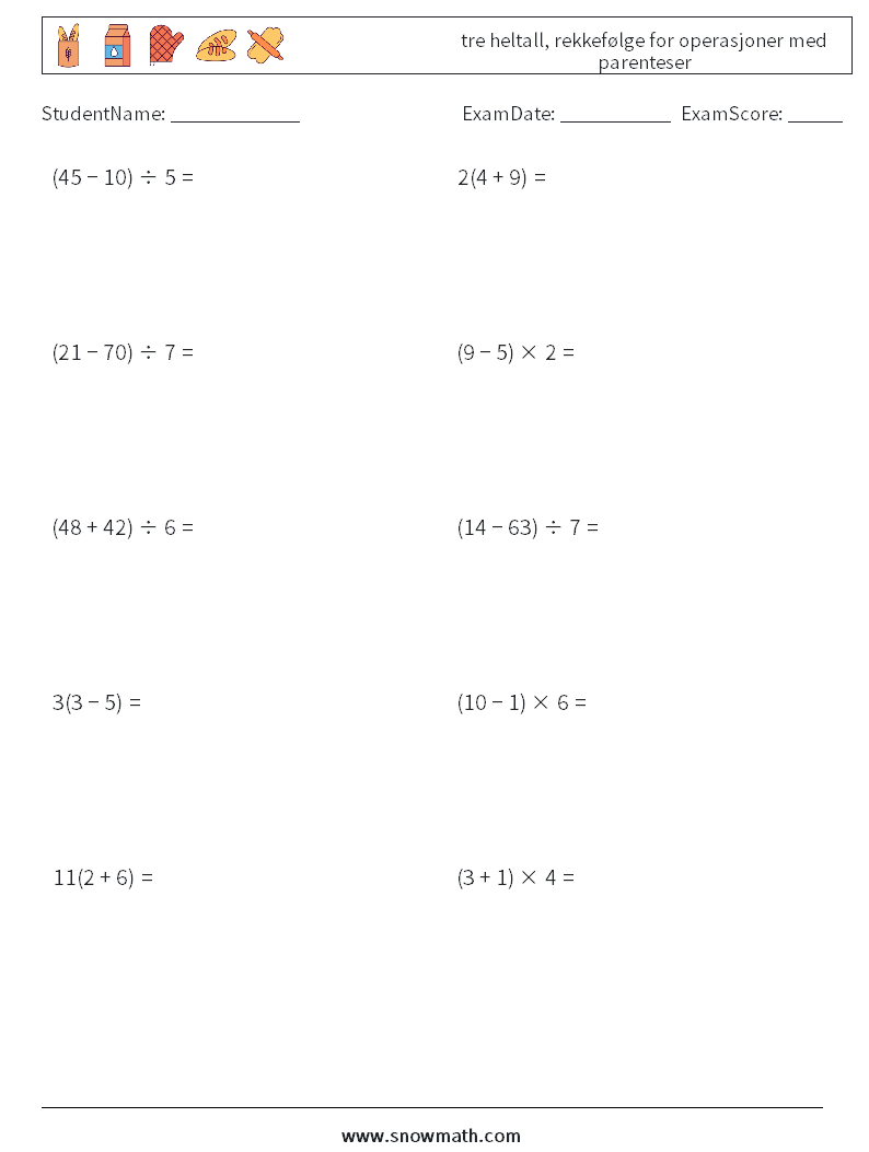 (10) tre heltall, rekkefølge for operasjoner med parenteser MathWorksheets 9