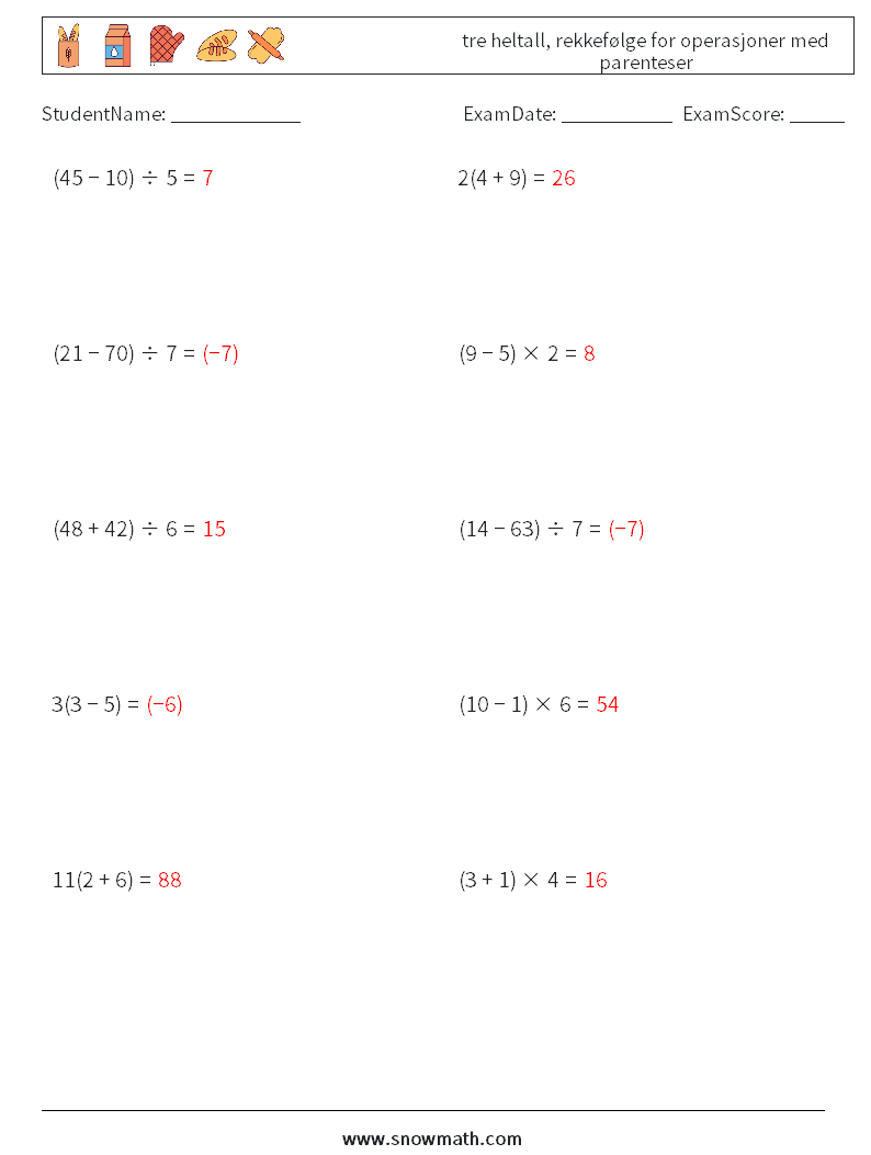 (10) tre heltall, rekkefølge for operasjoner med parenteser MathWorksheets 9 QuestionAnswer