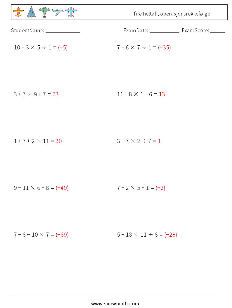 (10) fire heltall, operasjonsrekkefølge MathWorksheets 10 QuestionAnswer