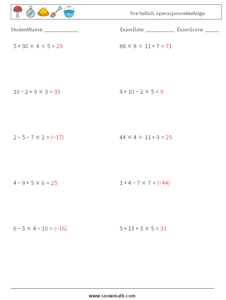 (10) fire heltall, operasjonsrekkefølge MathWorksheets 13 QuestionAnswer