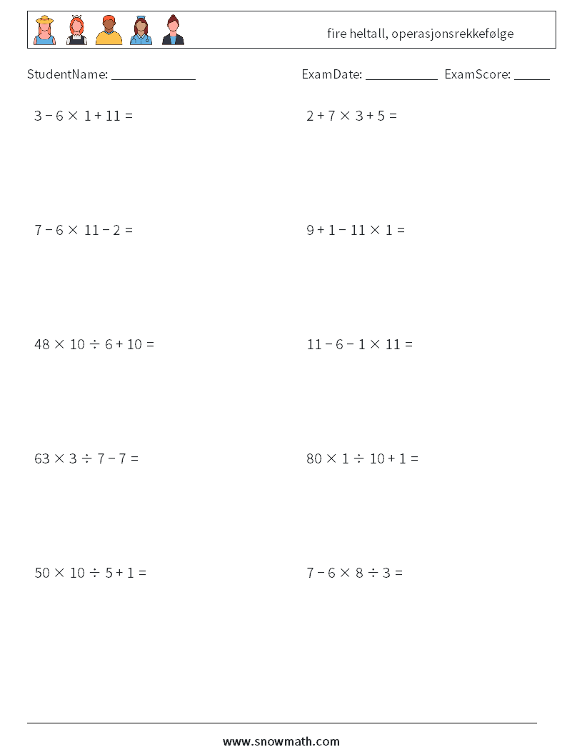 (10) fire heltall, operasjonsrekkefølge MathWorksheets 8