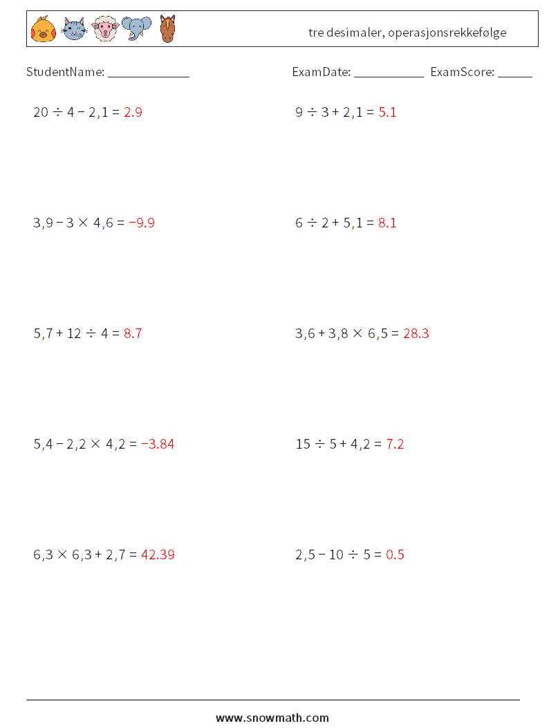 (10) tre desimaler, operasjonsrekkefølge MathWorksheets 10 QuestionAnswer