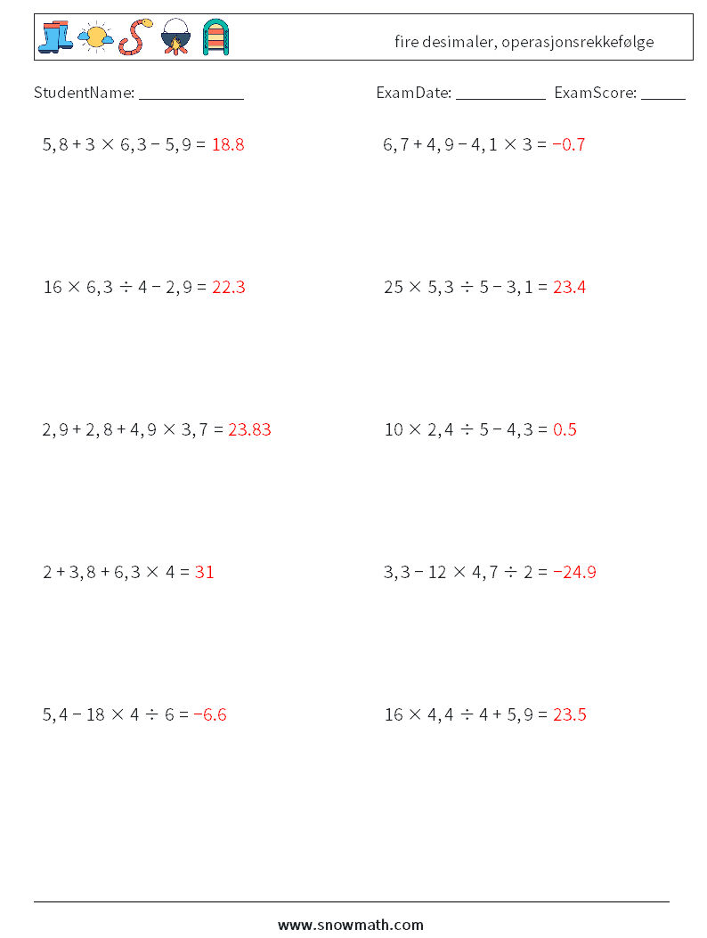 (10) fire desimaler, operasjonsrekkefølge MathWorksheets 13 QuestionAnswer