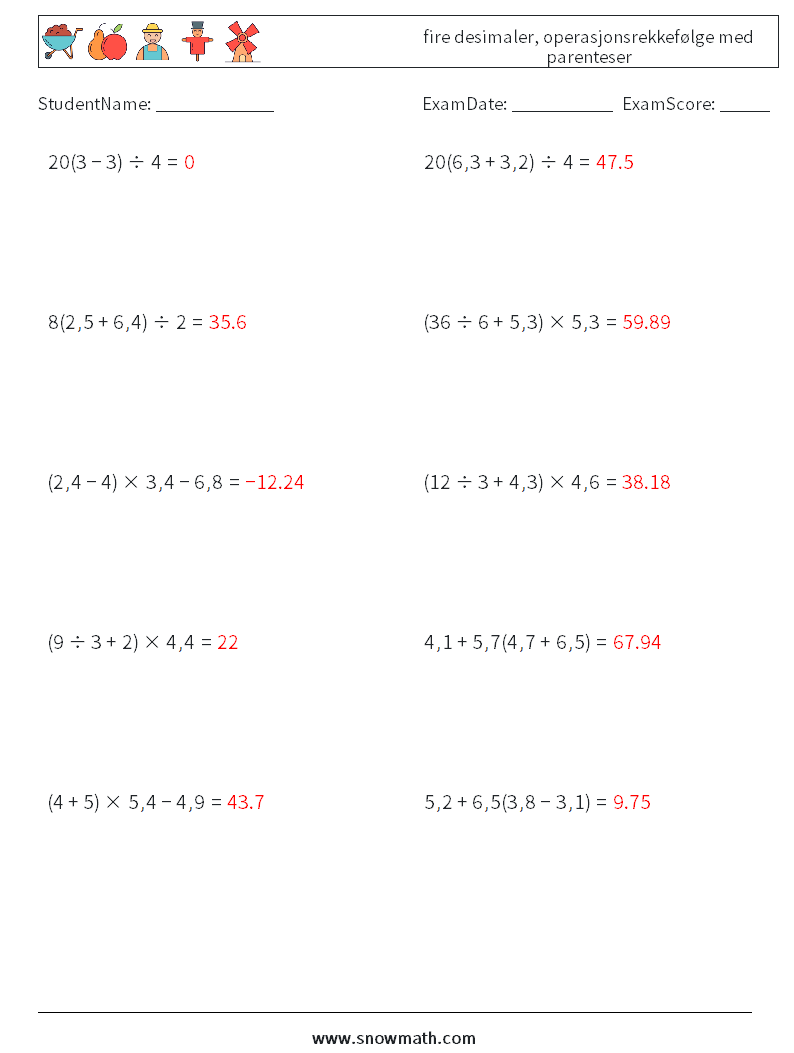 (10) fire desimaler, operasjonsrekkefølge med parenteser MathWorksheets 10 QuestionAnswer