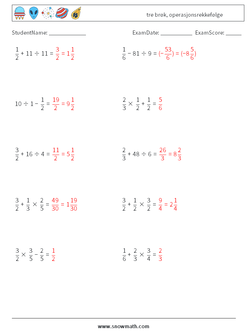 (10) tre brøk, operasjonsrekkefølge MathWorksheets 10 QuestionAnswer