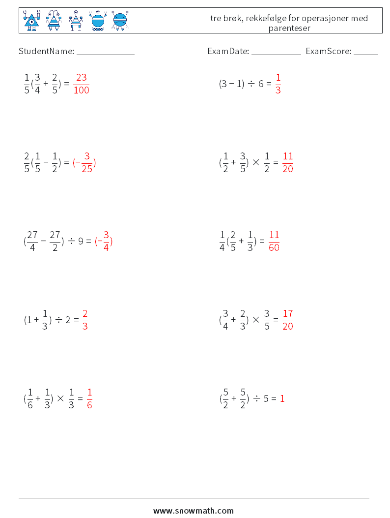 (10) tre brøk, rekkefølge for operasjoner med parenteser MathWorksheets 13 QuestionAnswer