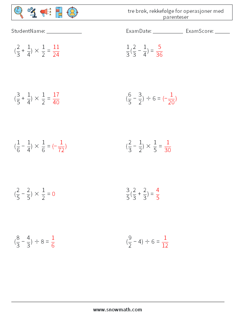 (10) tre brøk, rekkefølge for operasjoner med parenteser MathWorksheets 14 QuestionAnswer