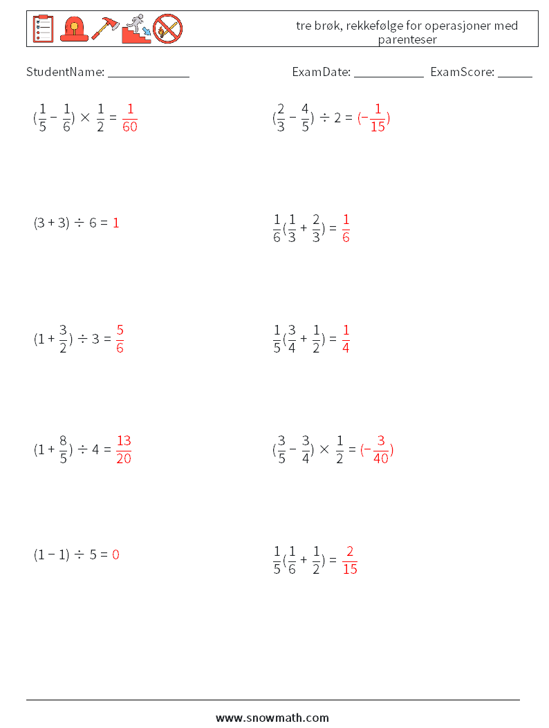 (10) tre brøk, rekkefølge for operasjoner med parenteser MathWorksheets 15 QuestionAnswer